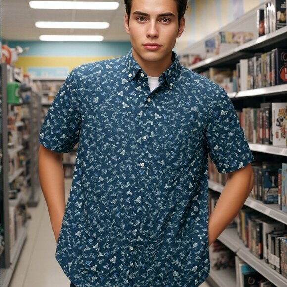 Penguin XL Shirt Blue Sneaker Graphic Button Down Casual Camp Style Y2K Vibe - Picture 1 of 7